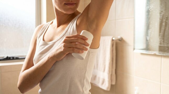 Woman applying deodorant to her armpit, wearing a white tank top. Bathroom setting with tiled walls and natural light.