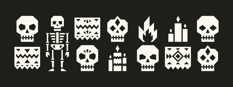 Minimalist Geometric Day of the Dead Icon Set with Skulls Skeleton and Candles