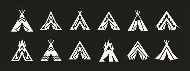 Set of twelve minimalist tribal tipi tent icons and teepee symbols on black background © thetwelvesense