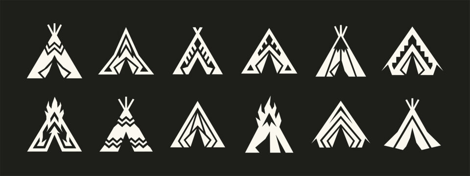 Set of twelve minimalist tribal tipi tent icons and teepee symbols on black background