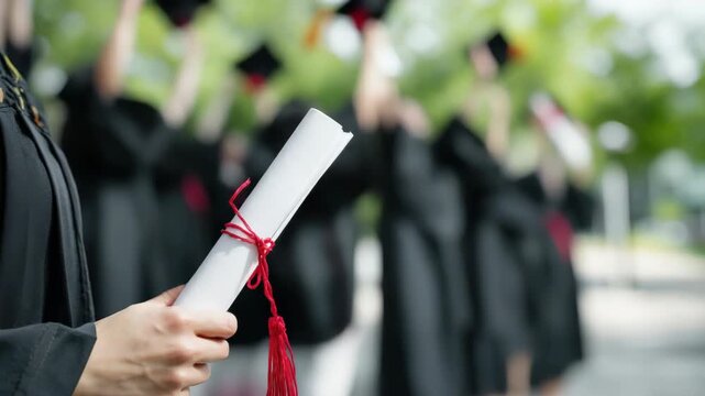 Slow motion tracking shot of graduate holding diploma while classmates toss mortarboards during outdoor campus commencement ceremony