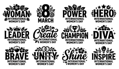 Bold black silhouette Womens Day floral typography vector icon set with March 8 text badges and bold flower elements © Mdsahag
