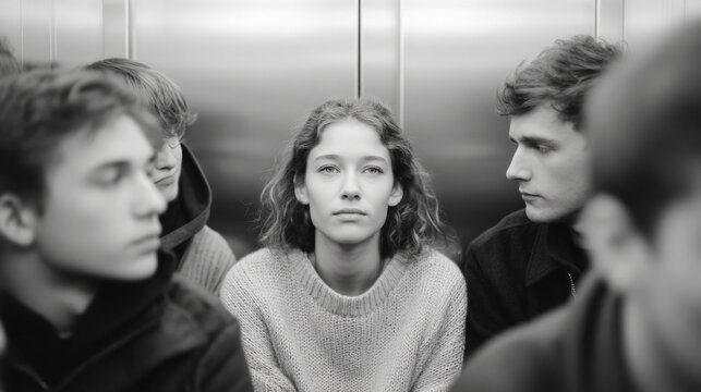 Caucasian young woman in sweater surrounded by male teens in elevator