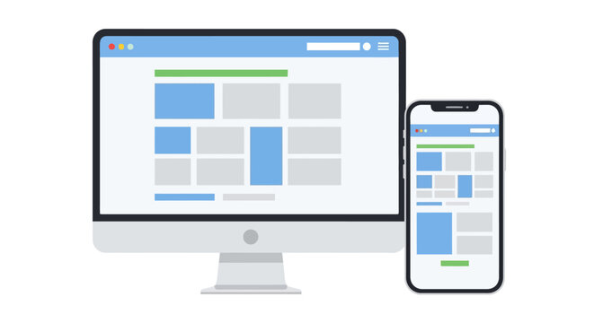 Responsive Web Design Illustration on Desktop Monitor and Smartphone Screen, Showing UI UX Layout and Cross-Platform Compatibility on White Background