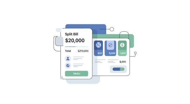 Modern Fintech Mobile App Interface Illustration for Bill Splitting, Expense Tracking, and Digital Payment Management
