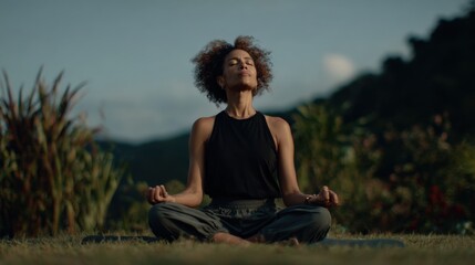 Fototapeta premium Serene woman practicing meditation outdoors with eyes closed in peaceful natural landscape