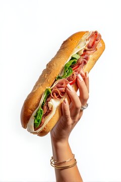 Hand Holding Delicious Italian Sub Sandwich Filled With Cured Meats, Cheese, Lettuce, and Tomato on White Background