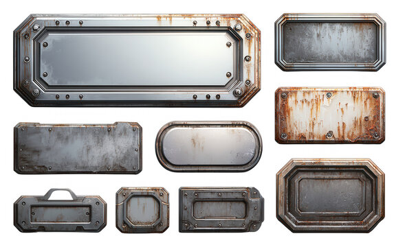 Collezione di piastre e cornici metalliche usurate in stile industriale con ruggine e bulloni per interfacce sci-fi e asset di gioco