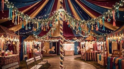 Fototapeta premium A vibrant carnival tent adorned with colorful decorations and string lights.