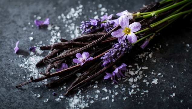 Artistic arrangement of vanilla pods with lavender sugar and garden blossoms