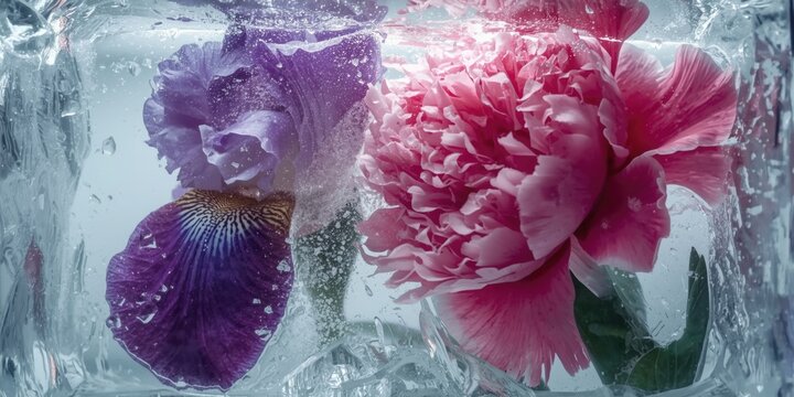 Beautiful pink peony and iris flowers trapped in frozen ice cube with copy space area