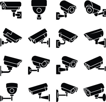 WebSecurity camera icons, surveillance system symbols, CCTV illustration, dome camera design, bullet camera icon, box camera pictogram, wall mount, ceiling mount, monitoring technology