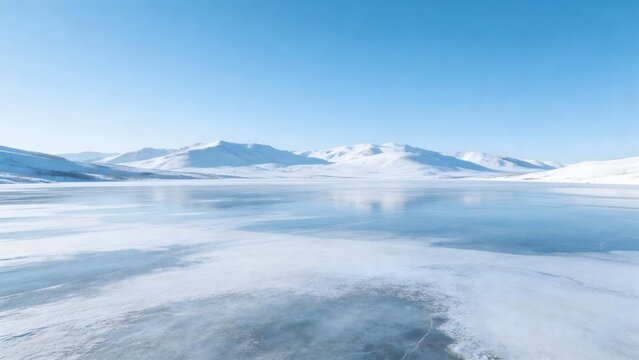 Frozen lake with snow covered mountains
