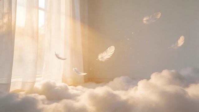 Feathers floating in sunlight with cloudlike texture