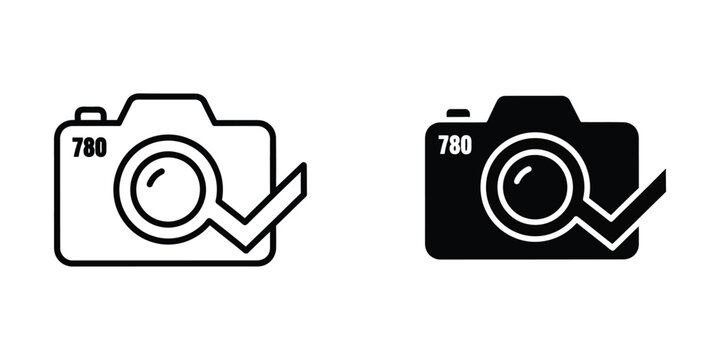 Film camera vector icon isolated on white. Black and white outline line art and solid glyph silhouette.