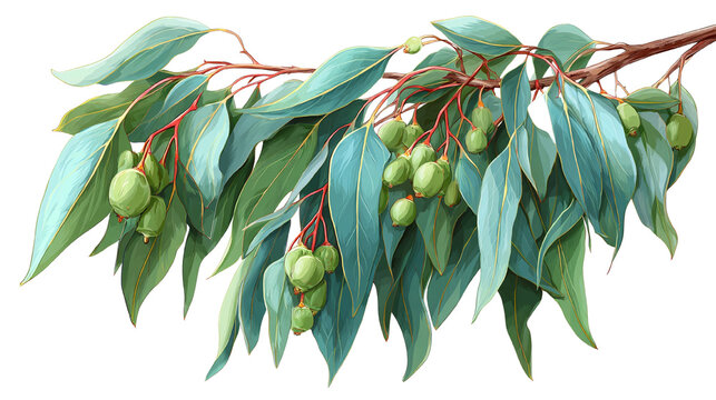 Illustrazione botanica di ramo di eucalipto con foglie verde bluastro e bacche, elemento naturale vibrante per design ecologico