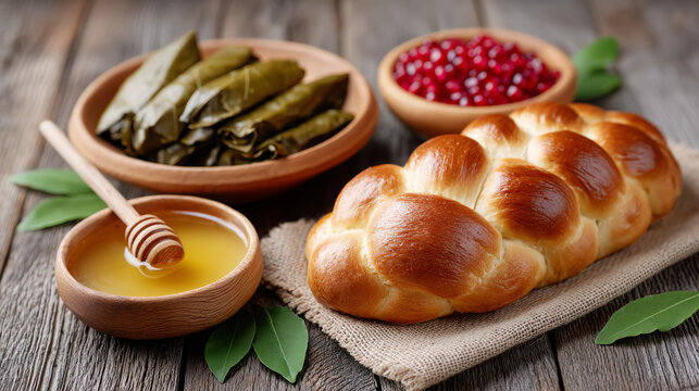 Traditional sukkot feast with challah and pomegranate on rustic table setting