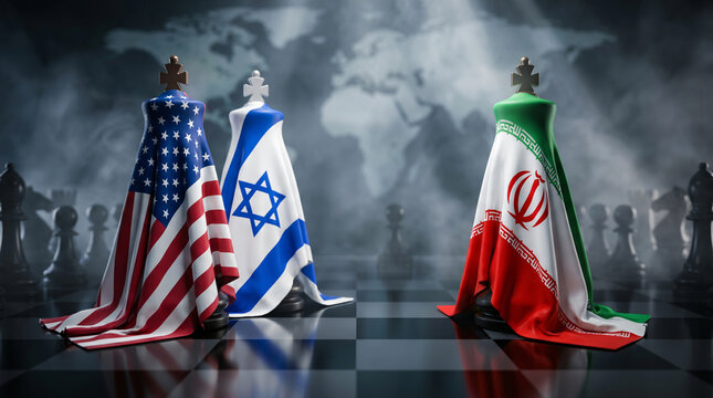 USA Israel And Iran Conflict Showing Covered Chess Pieces By Flags Standoff Cinematic Geopolitical Scene JPG