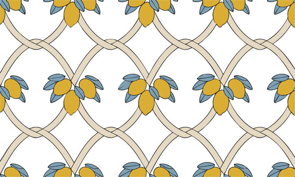 Scandinavian inspired lemon and ribbon seamless vector pattern.