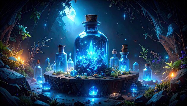 魔法の薬を調合する幻想的な夜の森の風景