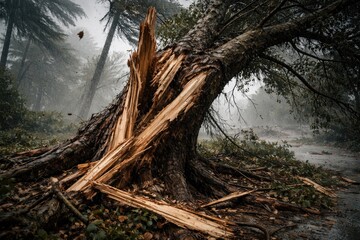 Fototapeta premium Incident of a significant tree damaged by hurricane visible from up close