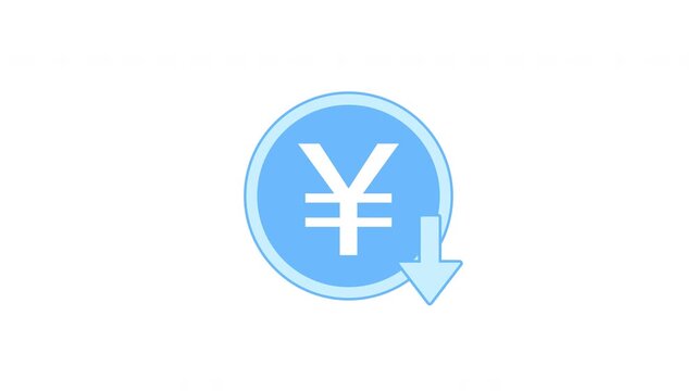 Blue Yen Coin with Down Arrow Animation Loop, Transitions from White Background to Alpha Channel