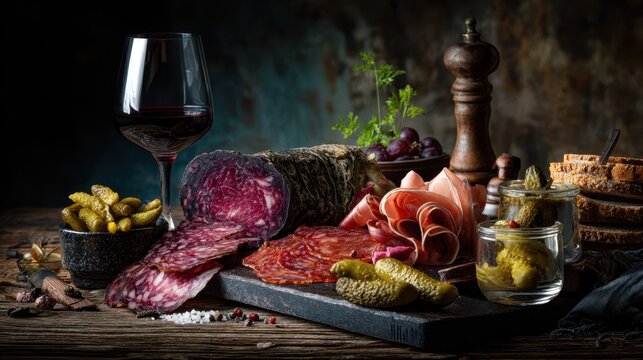High histamine foods. Charcuterie board with cured meats, pickles, olives, spices, and a glass of red wine on a rustic wooden table.