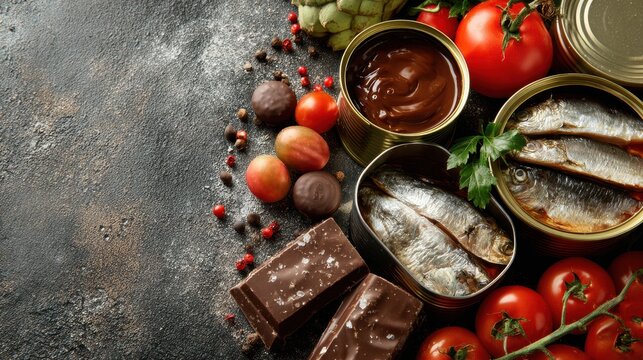 High histamine foods. Open cans of sardines surrounded by tomatoes, chocolate bars, nuts, and spices on a textured surface.