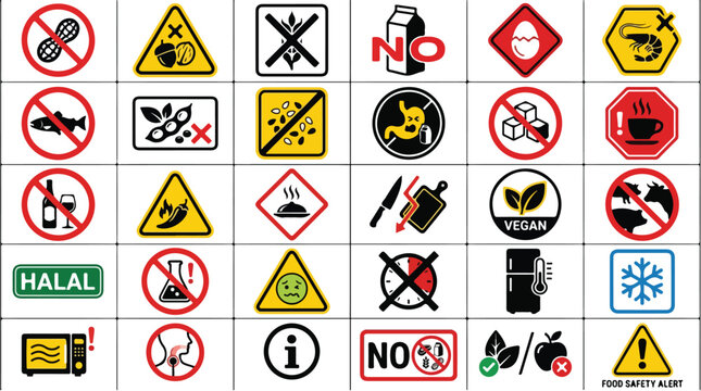 Food allergy warning icons and dietary restriction symbols, set of 30 vector allergen labels, food safety alert signs for restaurant menus