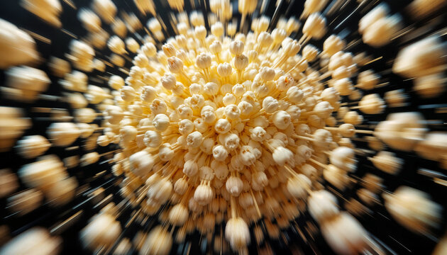 Energetic visual of an abstract plant structure resembling a dandelion head exploding with motion.
