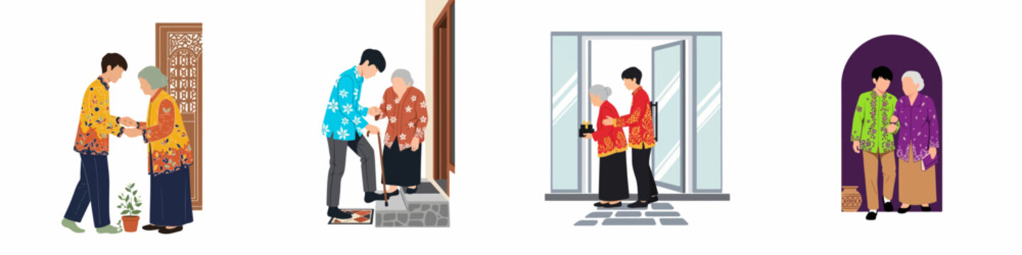 Set of illustrations depicting a young man showing respect and assisting an elderly woman in traditional Indonesian batik attire.