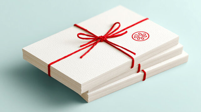 Elegant holiday greeting cards stack with red string for christmas gift packaging and decoration