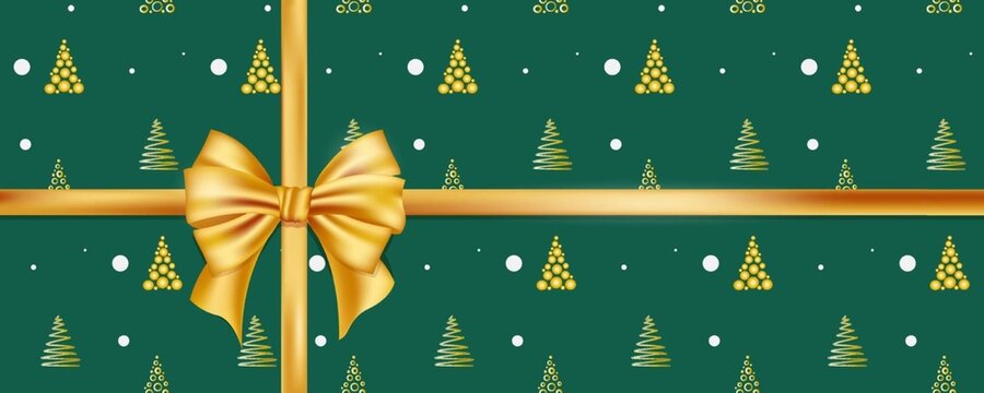 Luxury Christmas gift wrapping background with golden bow and festive green pattern