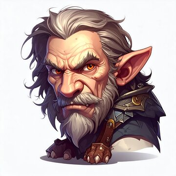 An aged fantasy character, possibly a gnome or similar creature, with prominent features and a stern expression. Rendered in vibrant colors, with a detailed rendering