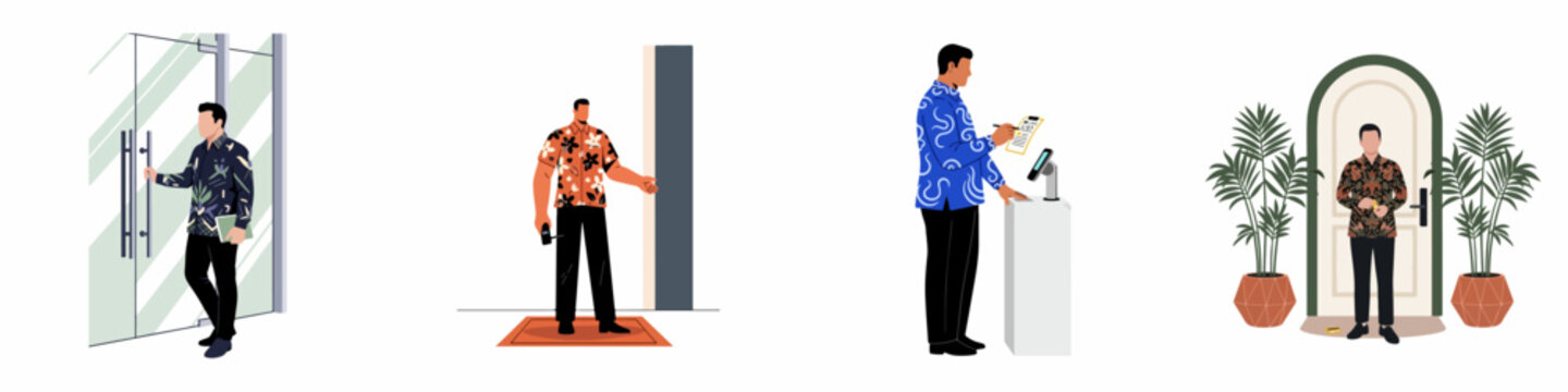 Set of professional men in traditional Indonesian Batik shirts working in various modern office, security, and hospitality settings, flat vector illustration.