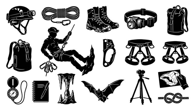 Caving and Climbing Gear Black  White Glyph Icons Set. Spelunking  Adventure Exploration Equipment