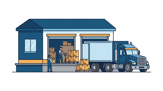 Logistics and delivery truck at warehouse loading dock with workers and boxes.
