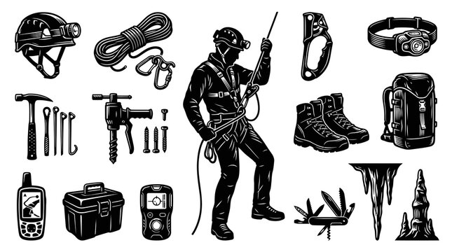Climbing Equipment Black and White Vector Set - Adventure Gear Icons