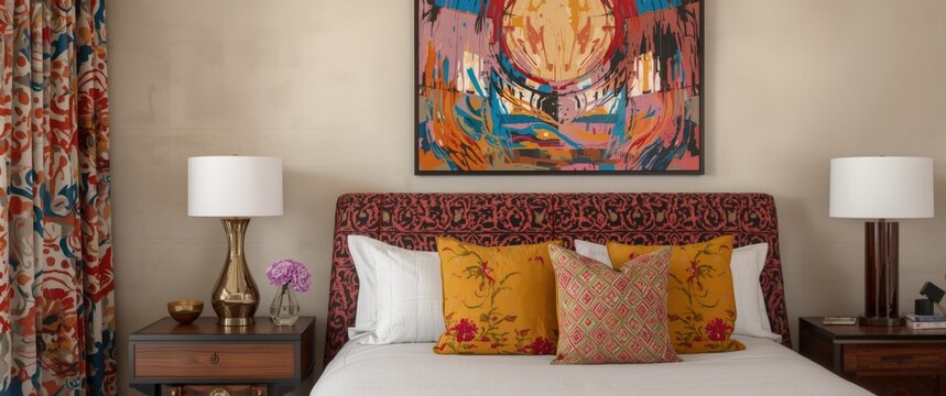 80s Themed Bedroom Design Abstract Art, Vibrant Pillows, Stylish Decor