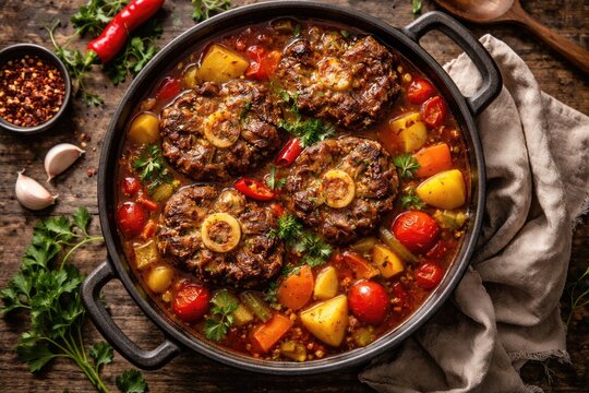 Spicy pepper and vegetable rich oxtail stew served in a rustic pot from a top perspective