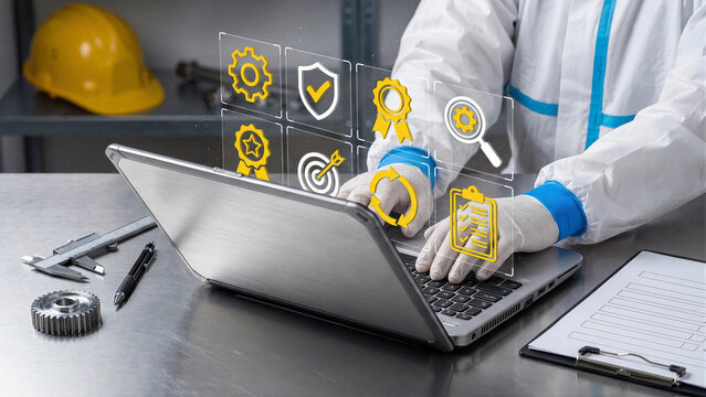 Quality Control and Industrial Compliance Concept Engineer in Protective Suit Typing on Laptop with Glowing Yellow Neon Shield Gear Medal Checklist Audit Icons Steel Workshop