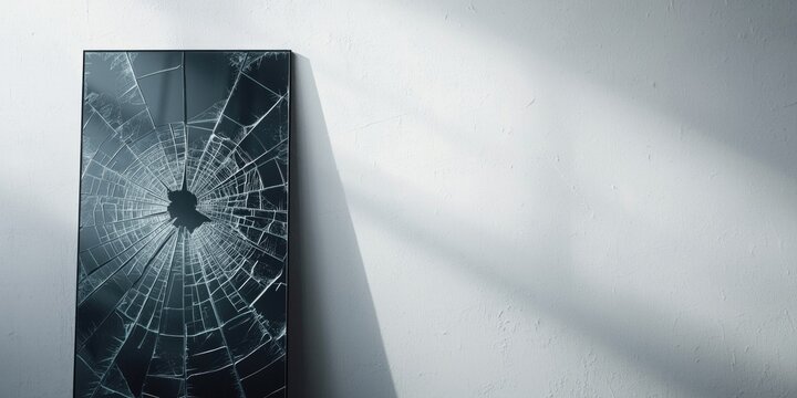Broken mirror displaying numerous cracks beside a white wall with space for text