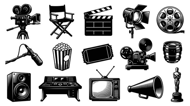 Cinema and Film Industry Icons: Black and White Vector Graphics