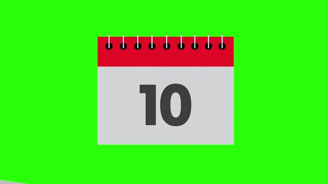 Animated calendar with a date counter. A tear-off paper calendar to change the date of the month. Green background, 4k video.
