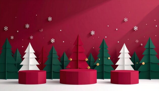 Scena natalizia festiva in stile paper cut con alberi colorati e podi su sfondo rosso