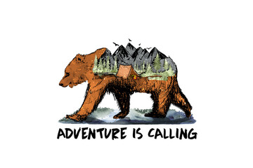 Adventure is Calling Bear with Mountain Double Exposure Sublimation Design