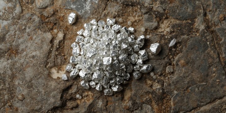 Bright silver nuggets placed atop a grainy stone backdrop