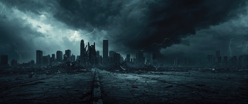 Apocalyptic scene of destroyed metropolis on a gloomy day
