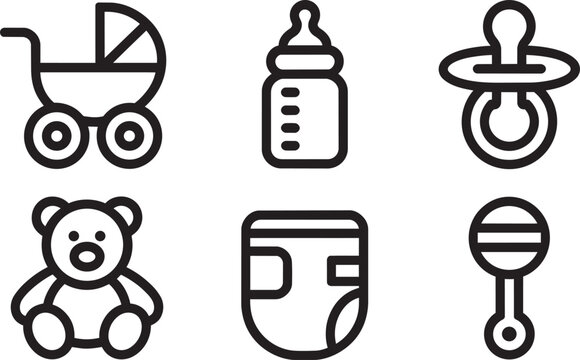 Modern minimal baby newborn items icons set, including feeding, toys, and travel in outline