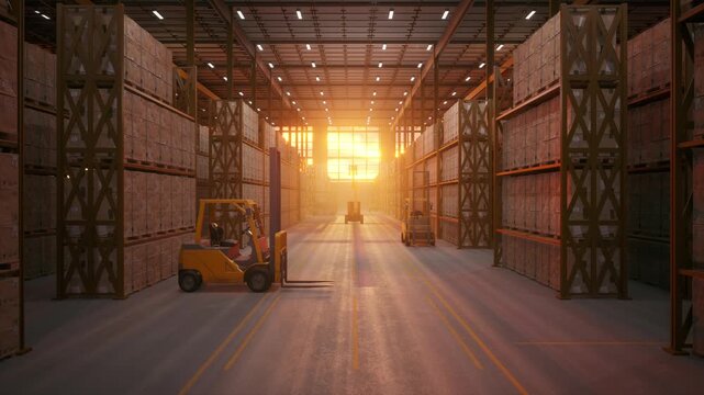 Yellow forklift moves pallets in a huge warehouse as warm sunset light pours through the open doorway. Perfect for logistics and supply chain content.